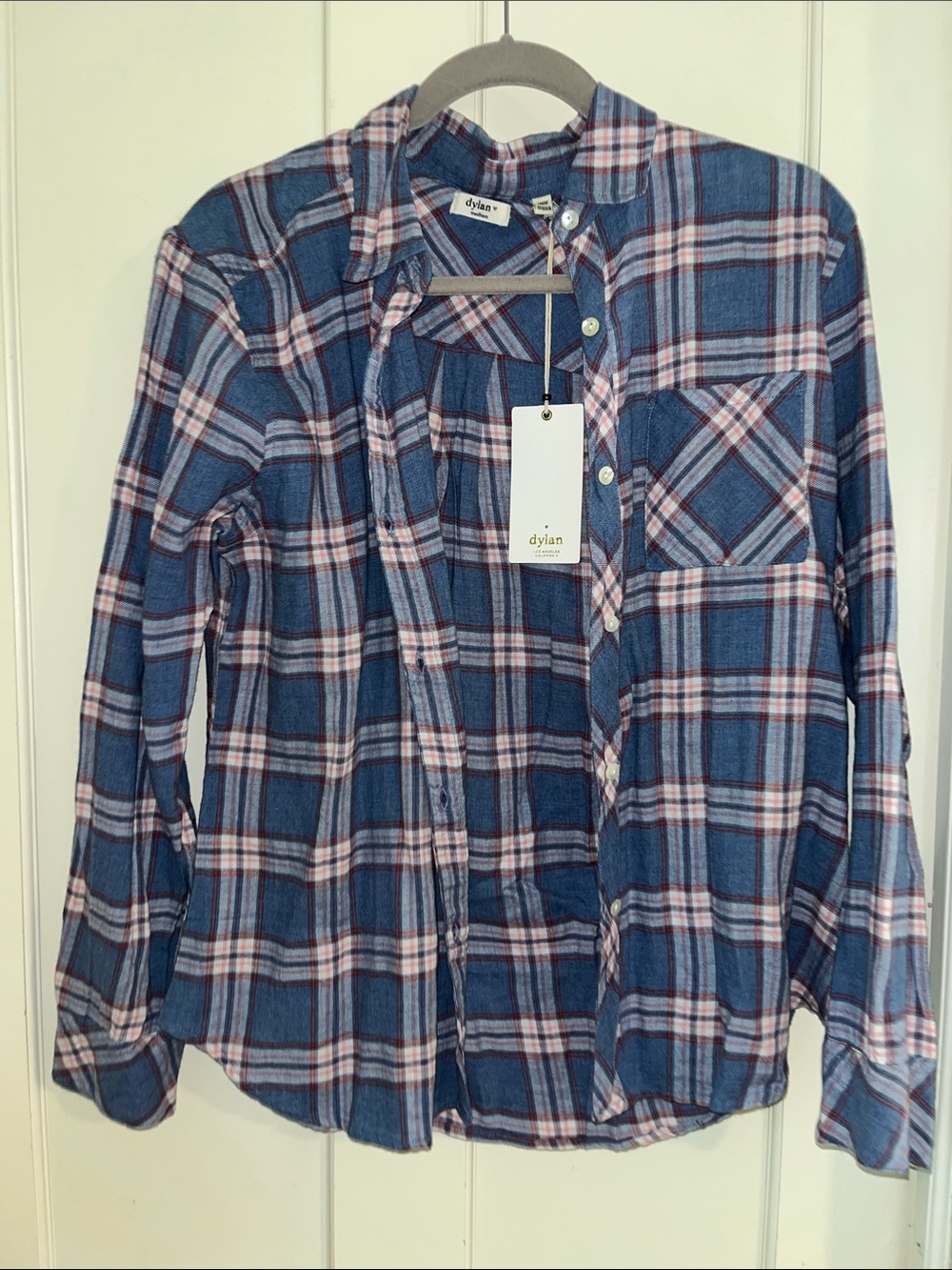 NWT dylan Blue Plaid Button-Down Shirt with Pink and White Accents